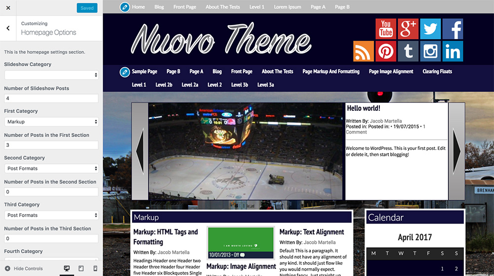 Homepage settings for the Nuovo WordPress template
