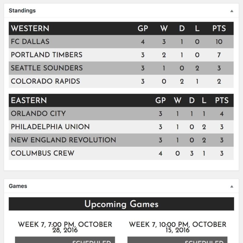 Sports Bench dashboard widgets