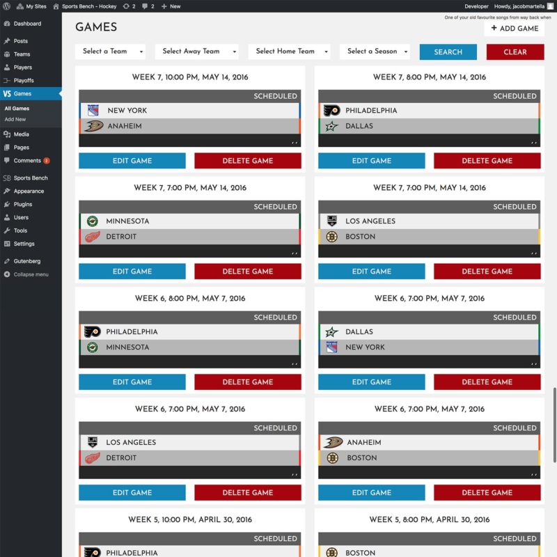 Sports Bench games admin page