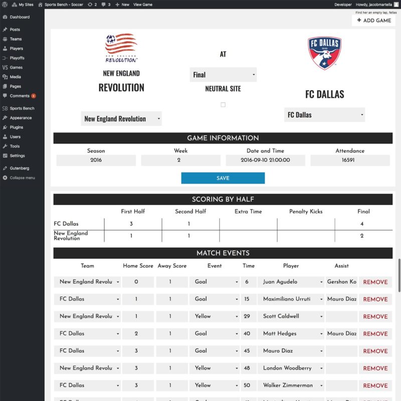 Sports Bench single game admin page