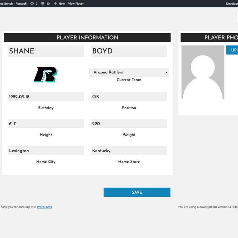 Sports Bench single player admin page