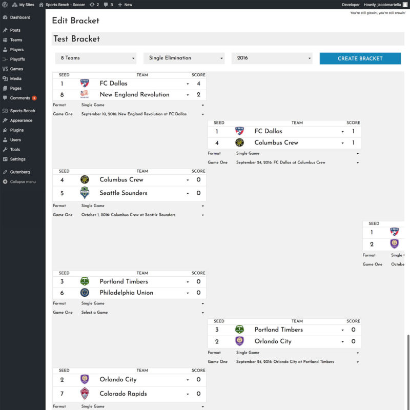 Sports Bench single playoff bracket admin page