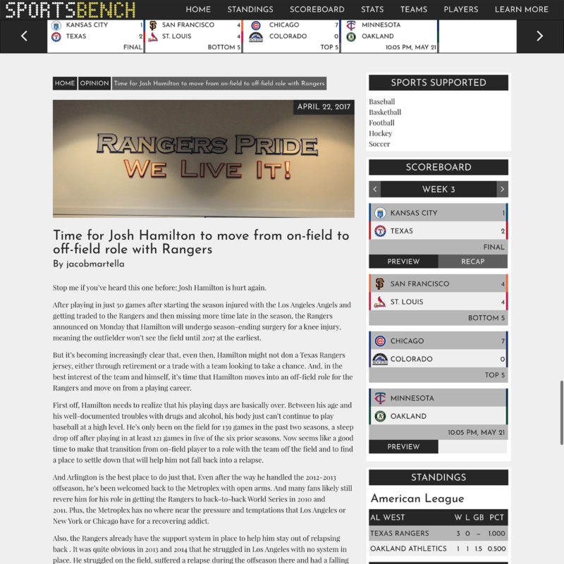 Sports Bench single post template