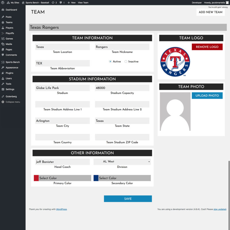 Sports Bench single team admin page