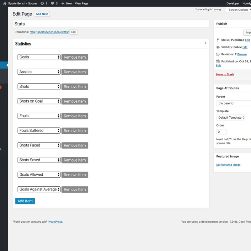Sports Bench stats admin page