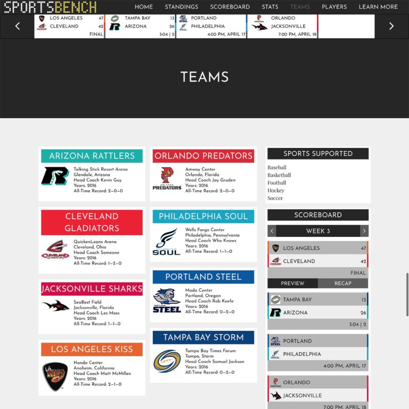 Sports Bench teams page