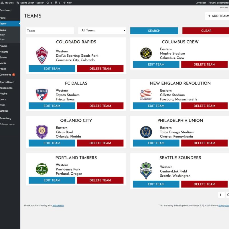 Sports Bench teams admin page