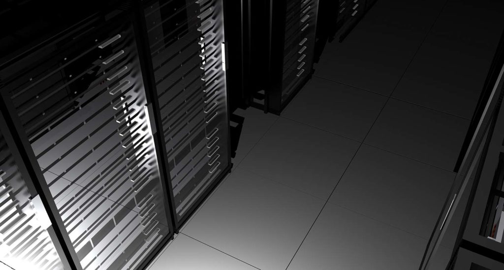 Black and white shot of web hosting servers