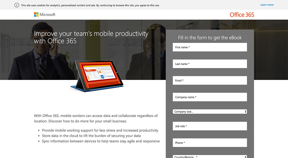 The landing page for Microsoft Office 360