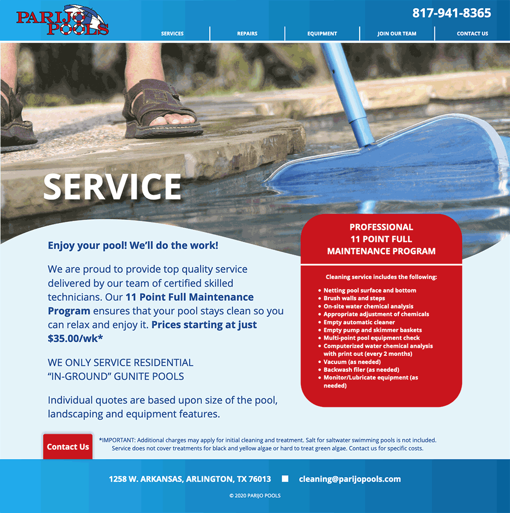 Service page for Parijo Pools