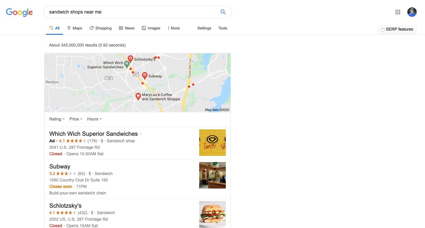 Display of Local SEO in a Google Search for a local sandwich shop