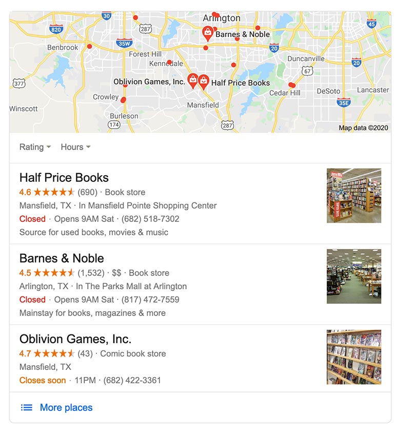 A local three-pack in a Google search for local bookstores