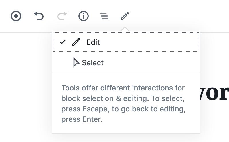 Showing the edit and select cursor types in the new block editor