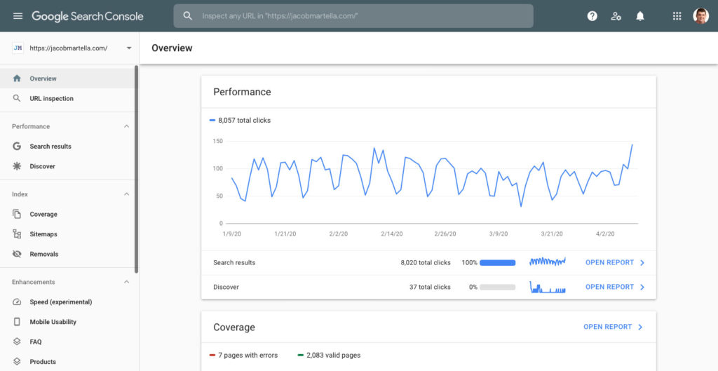 Screenshot of the dashboard for Google Search Console
