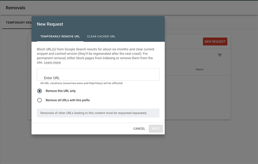 Screenshot of the new request modal to request a page be removed from the index in Google Search Console