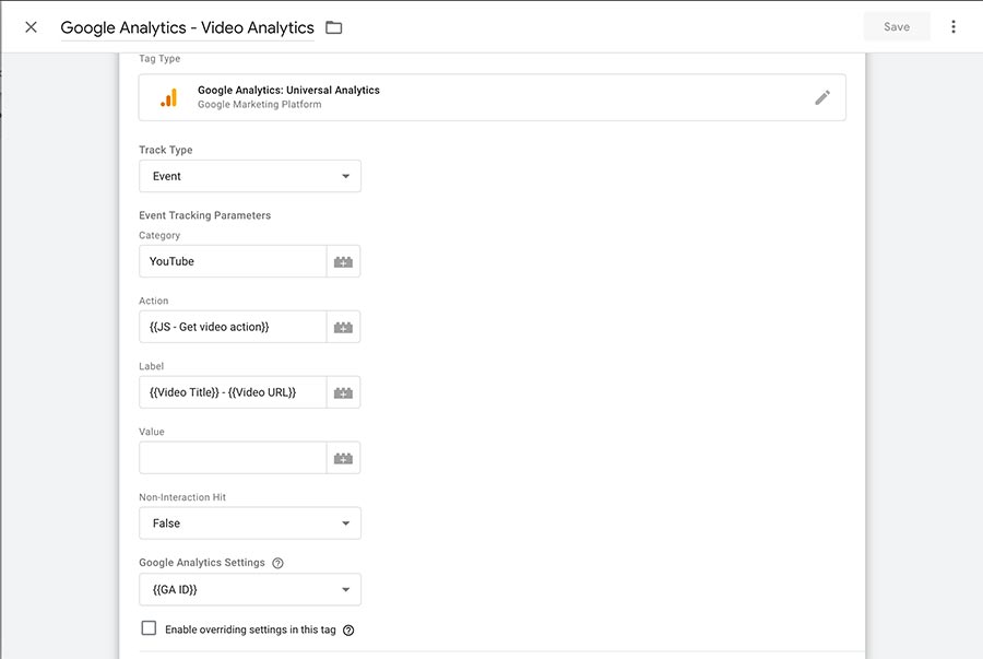 Screenshot of the video analytics tracking tag settings in Google Tag Manager