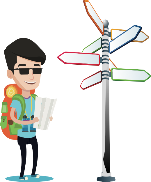 Illustration of a man with a backpack standing next to a pole with signs pointing in each direction