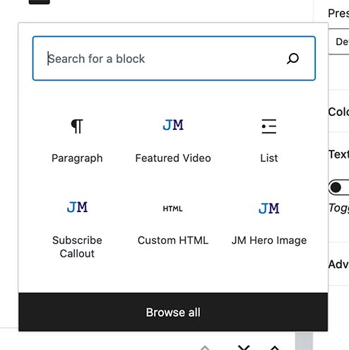 screenshot of the add new block modal