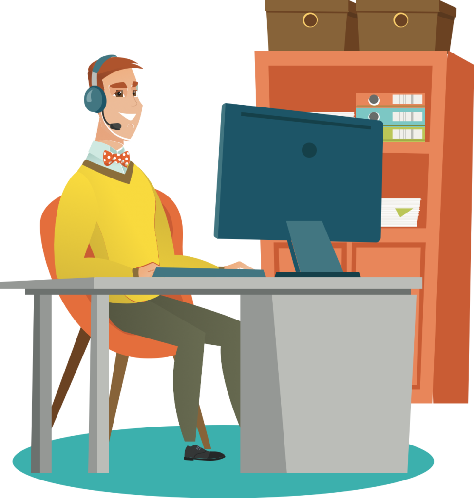 Illustration of a man wearing a headset working on a computer