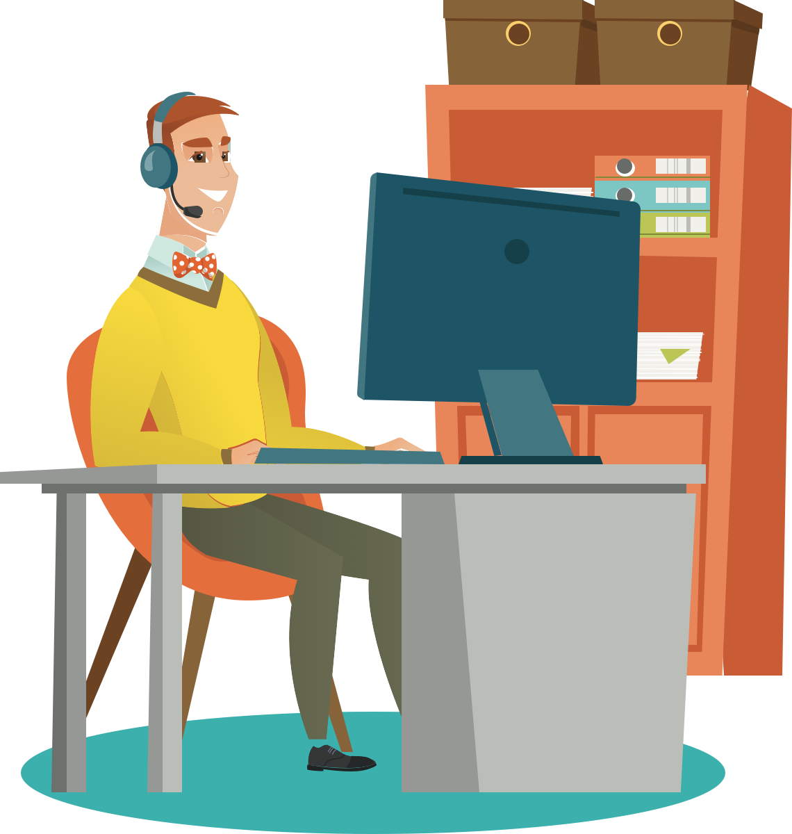 Illustration of a man wearing a headset working on a computer