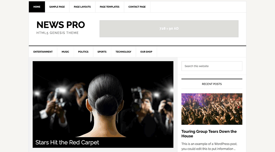 Screenshot of the News Pro WordPress theme homepage