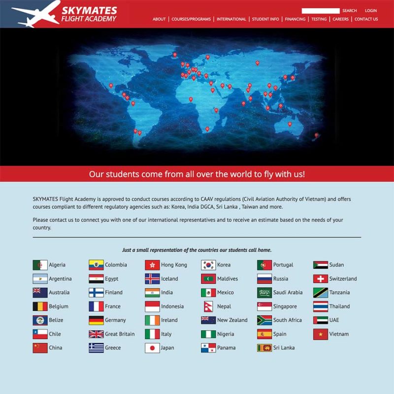Screenshot of the International page for Skymates