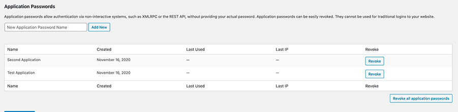 Screenshot of the new REST API Application Passwords section of the edit user page in WordPress 5.6.