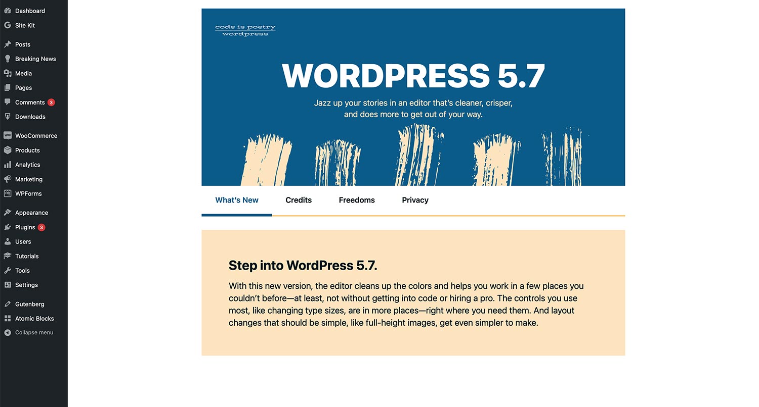 Screenshot of the WordPress 5.7 about page