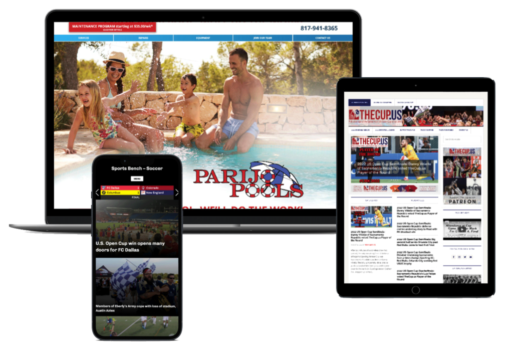 Screenshot of the Parijo Pools homepage on a laptop, screenshot of TheCup.US homepage on a tablet device and a screenshot of the Sports Bench homepage on an iPhone