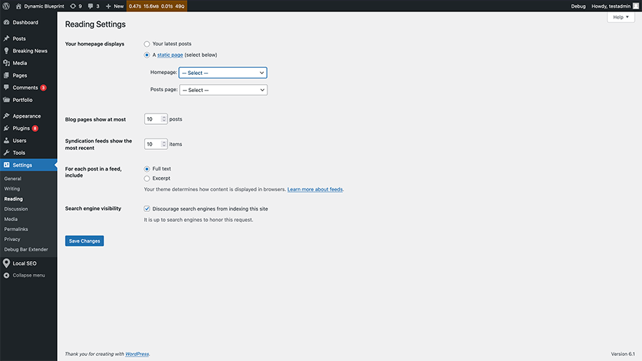A screenshot of the reading options screen in WordPress.
