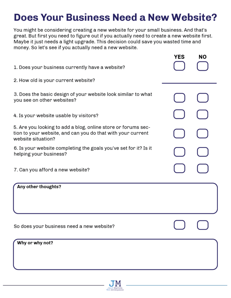 Screenshot of the "Does your business need a new website" worksheet