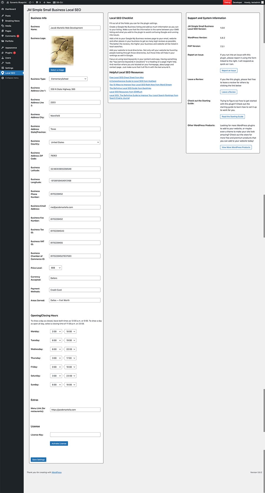 Screenshot of the JM Simple Small Business Local SEO plugin admin page with the settings for the plugin