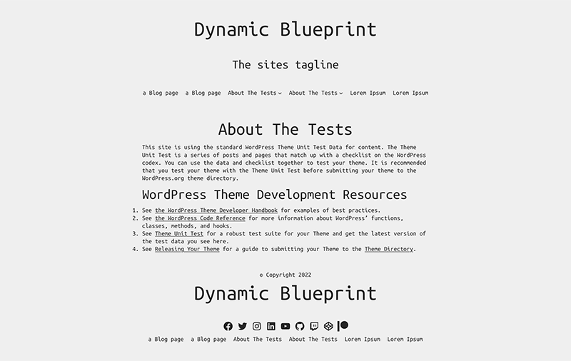 Screenshot of the default page template for the Semplice Monospazio WordPress theme