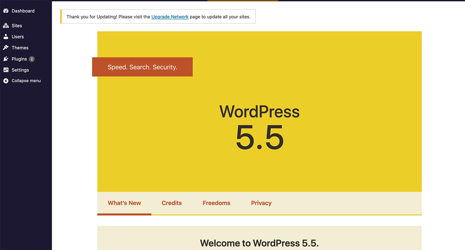 Screenshot of the WordPress 5.5 welcome screen