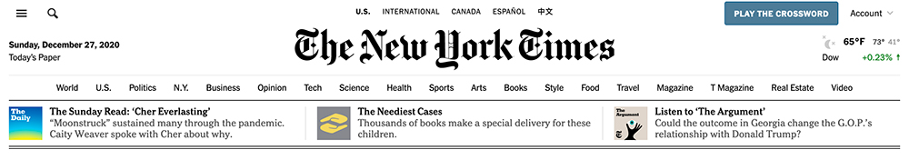 The New York Times website header