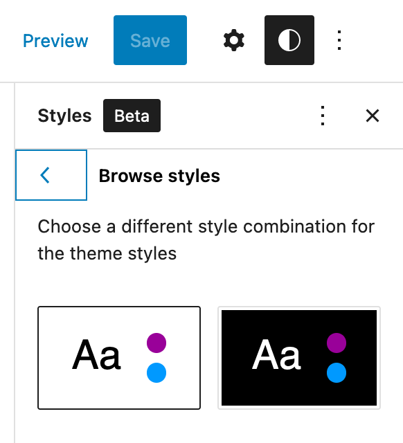 Screenshot of the new style switcher in the site editor