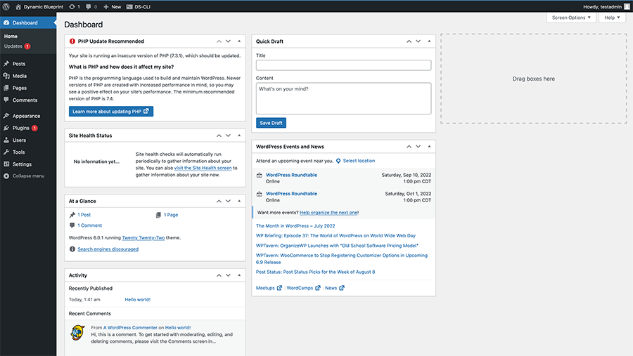 Screenshot of the standard WordPress website dashboard with widgets for Site Health, At a Glance, Comments, Post Drafts and WordPress News and Events