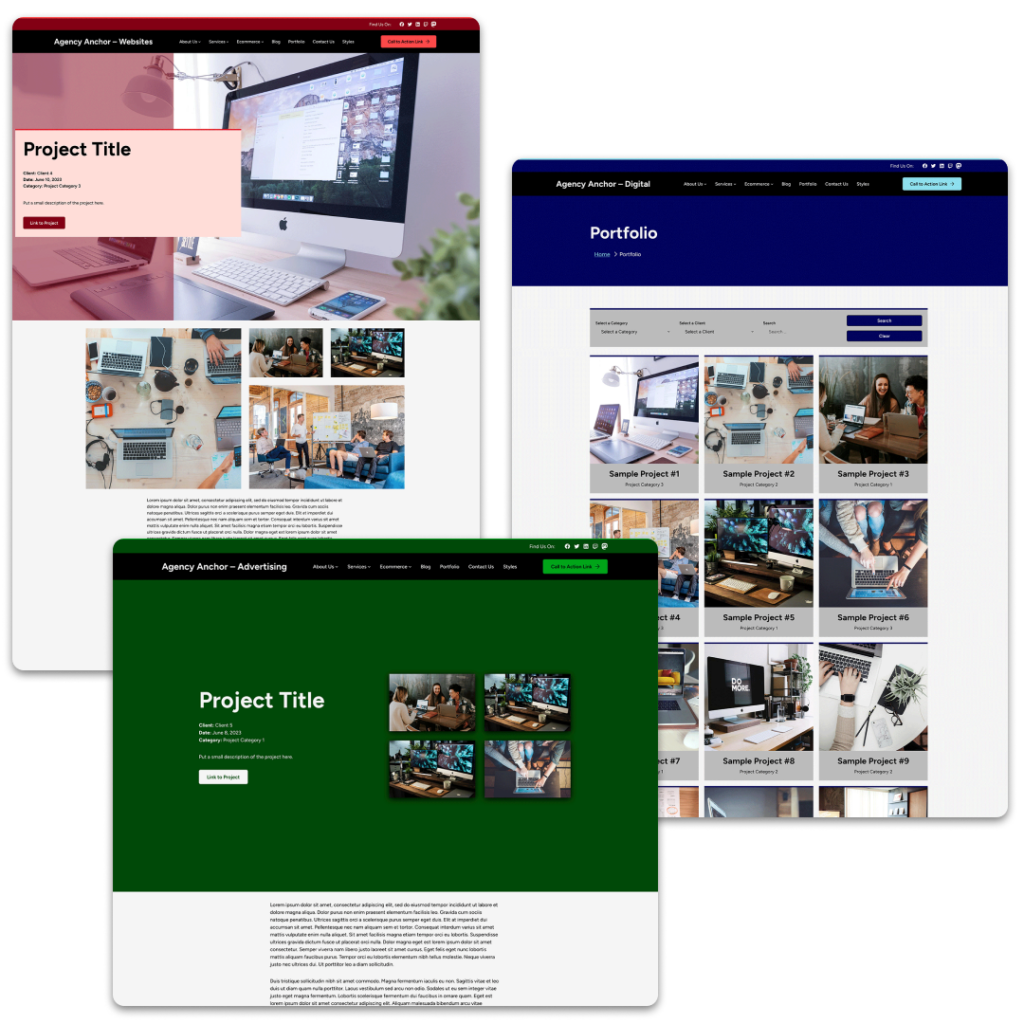 Screenshots of project pages on the Agency Anchor demo sites