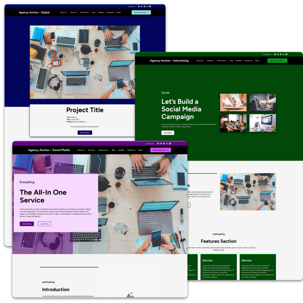 Screenshots of pages on the Agency Anchor demo sites