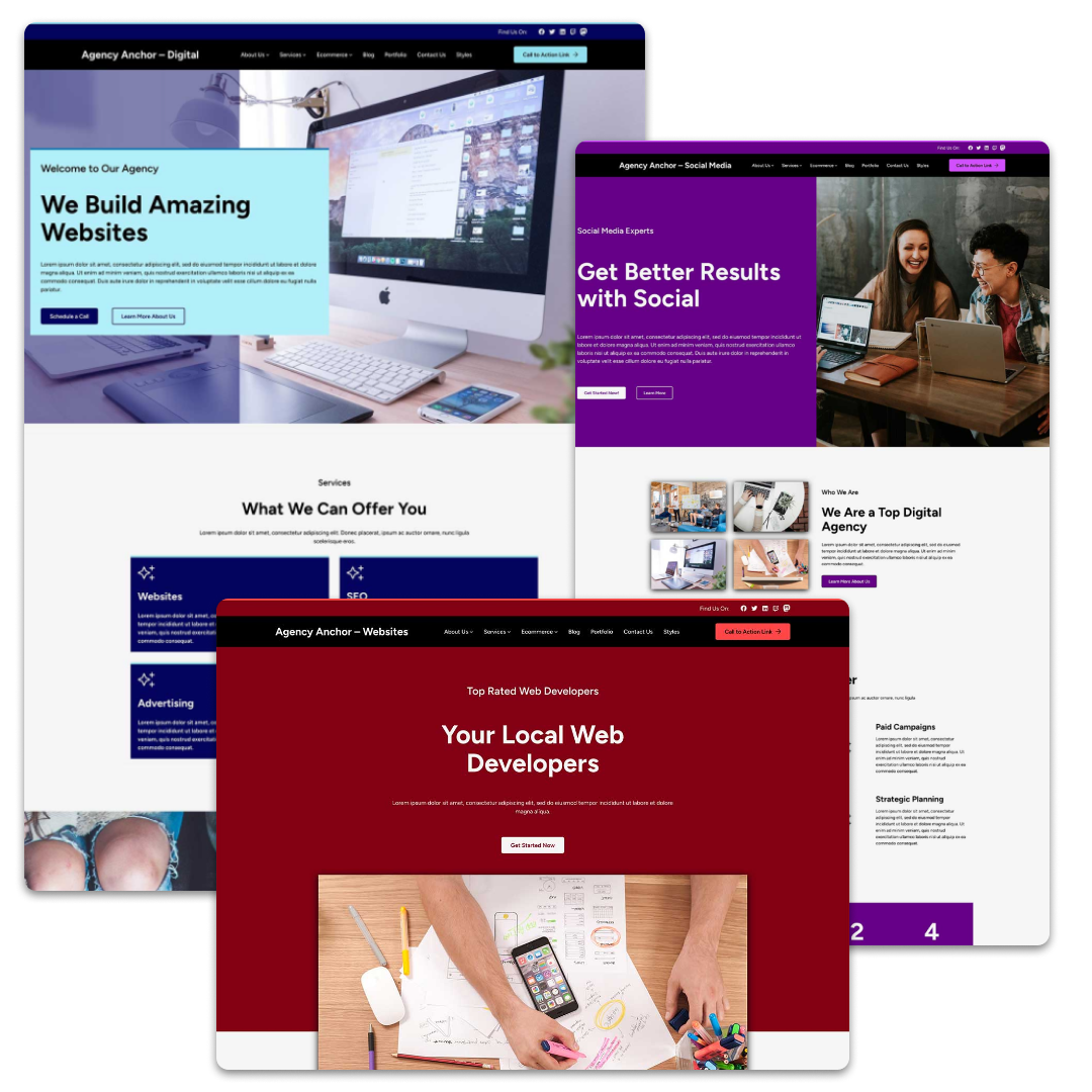 Screenshots of home pages on the Agency Anchor demo sites