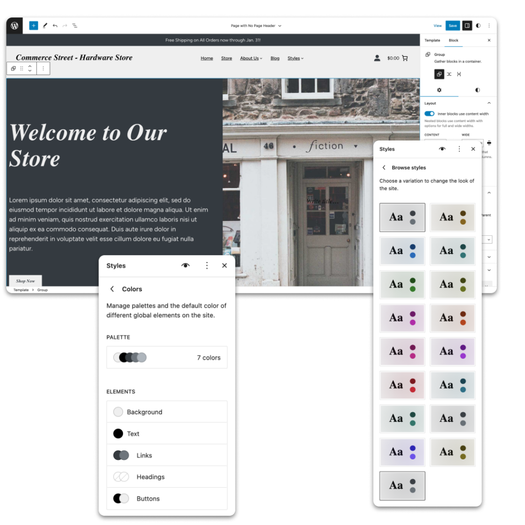 Screenshot of the Commerce Street homepage in the site editor with the colors and styles panels