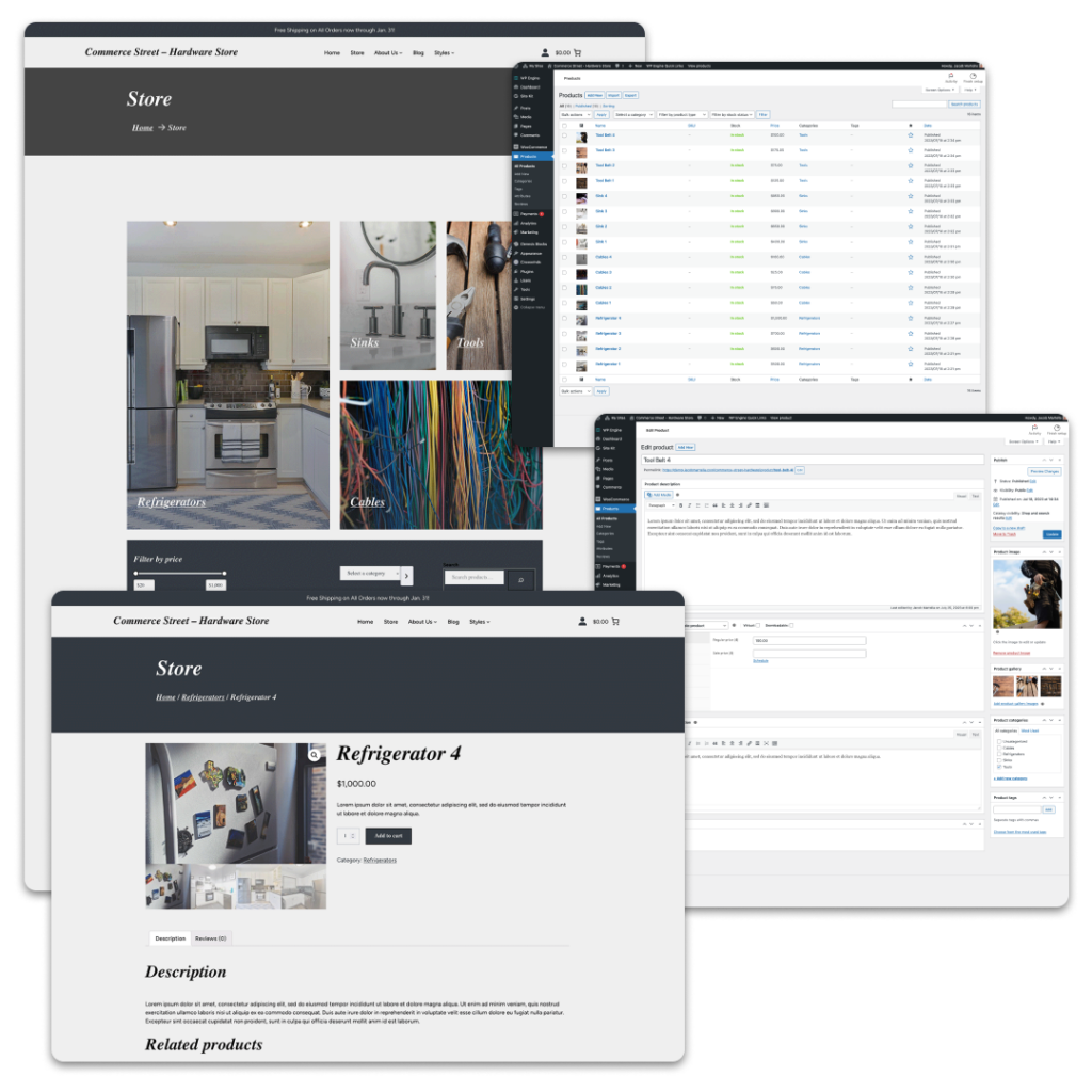 Screenshots of store and product pages from the Commerce Street demo sites