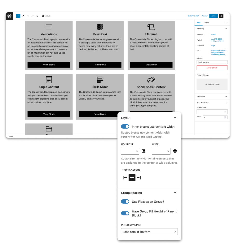 Screenshots of the Crosswinds Blocks grid block in the post editor and the panel of additional tools from the plugin