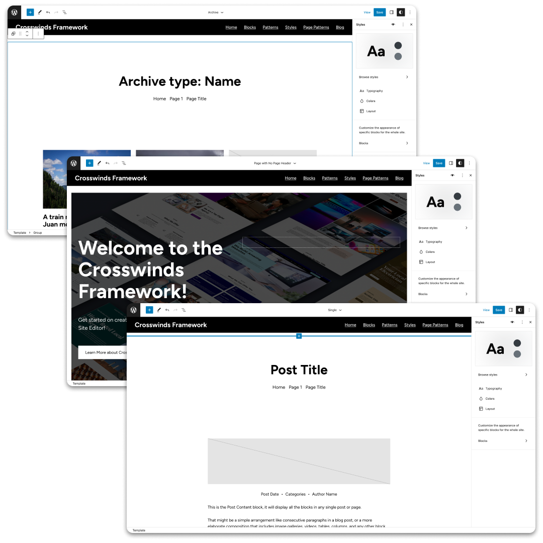 Screenshots of various Crosswinds Framework templates in the site editor