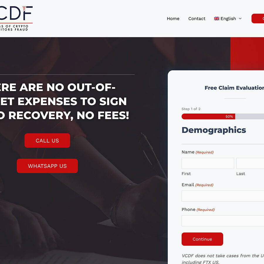 Screenshot of the Victims of Crypto Depositors Fraud homepage in English