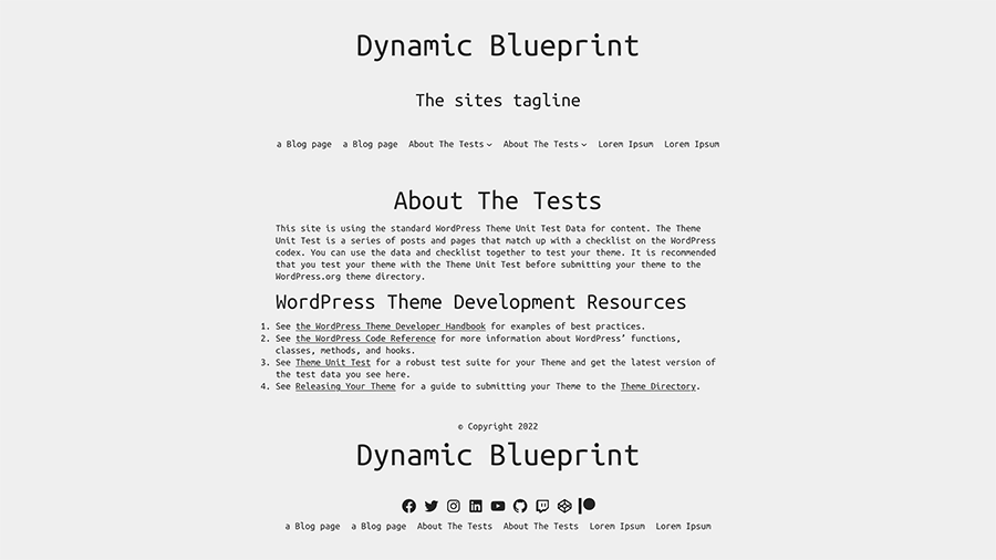 Screenshot of the default page template for the Semplice Monospazio WordPress theme
