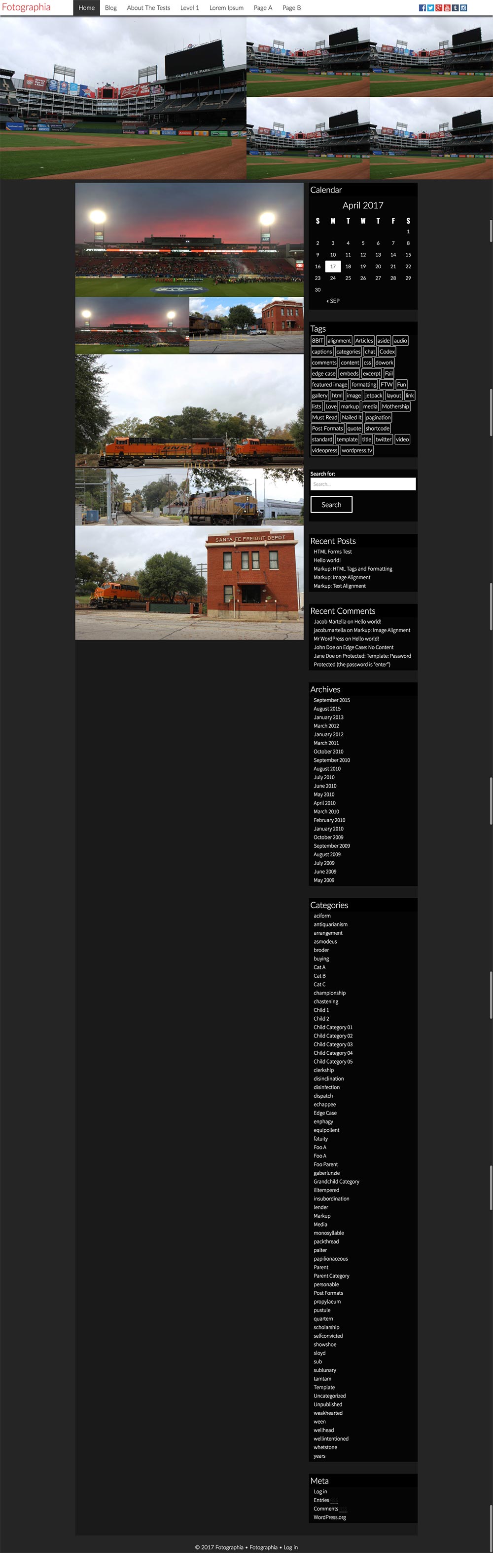 Homepage for the Fotographia WordPress theme