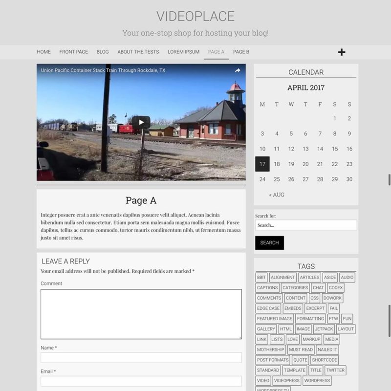 Page Template for the VideoPlace WordPress theme