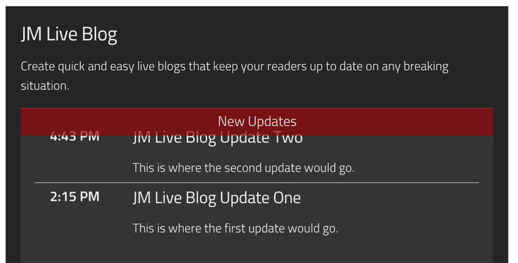 A screenshot of the JM Live Blog on the front end of the website