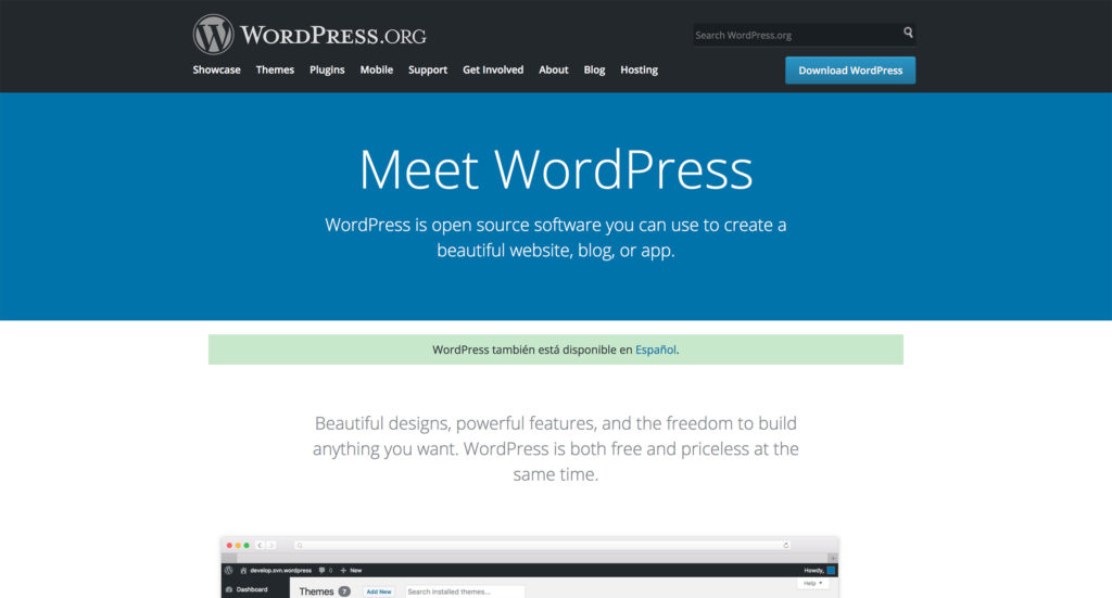 Screenshot of the WordPress homepage